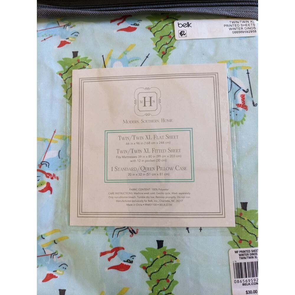 Dinosaur Sheet Set Twin XL Blue Dinosaurs Modern Southern Home Christmas Skiing